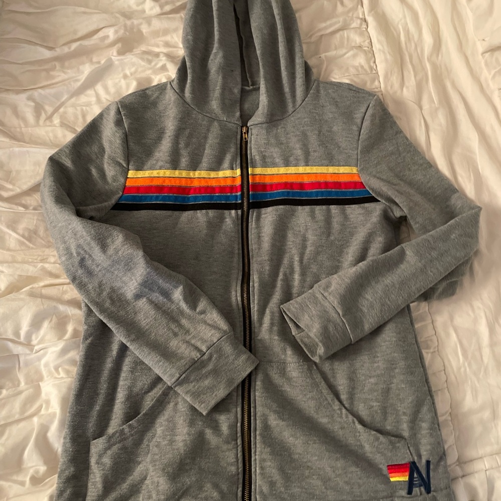 Aviator Nations Woman’s Small Gray 5 Stripe Full Zip Hoodie.Light pilling.